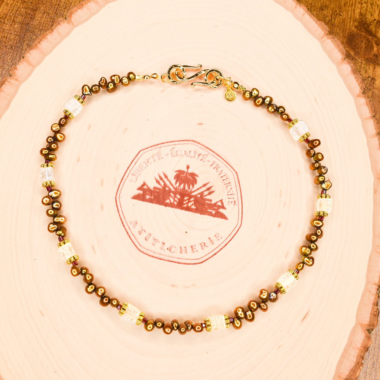 Handcrafted necklace- Crackled glass and freshwater pearl beads for refined, modern elegance. Haitian-inspired, lifestyle brand