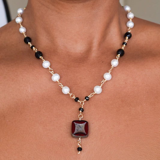 Handcrafted necklace with pearls and Czech glass beads for elegant, refined style by Ayiti Chérie. Haitian-inspired, lifestyle brand