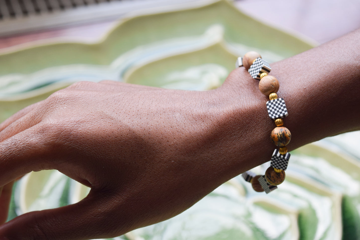 Checkered Clay Beads w/Light Wood Bracelet
