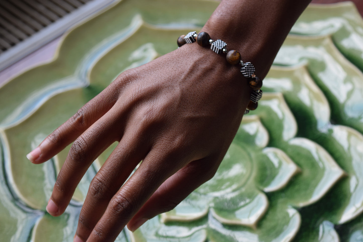 Checkered Clay Bead w/Dark Wood Bracelet