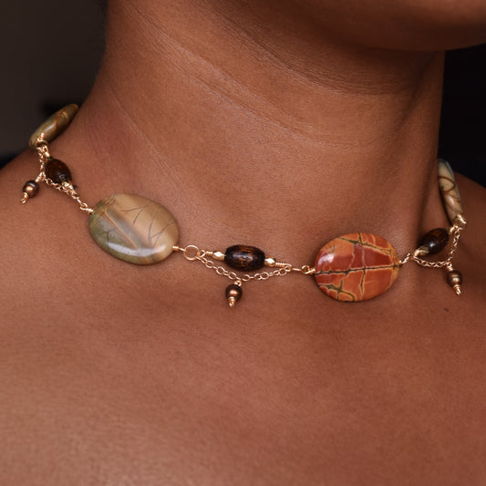Handcrafted necklace- Wire-wrapped linked picture jasper, wooden barrel, and pearl beads for refined, modern elegance. Haitian-inspired, lifestyle brand