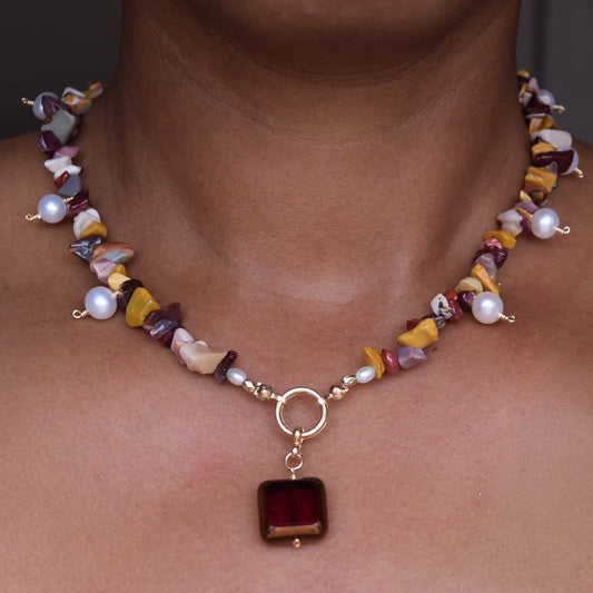 Handcrafted necklace- Mookaite, Pearl, & Glass beads for refined, modern elegance. Haitian-inspired, lifestyle brand