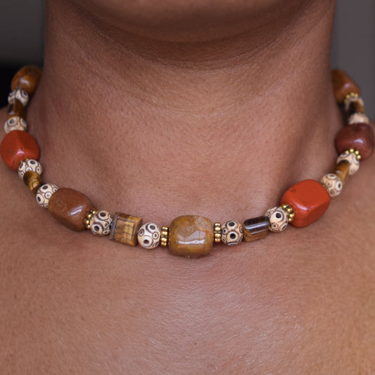 Handcrafted necklace- Tibetan, Jasper, and Tiger's Eye beads for refined, modern elegance. Haitian-inspired, lifestyle brand