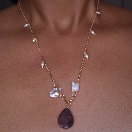 Handcrafted necklace- Pearl and Jasper beads for refined, modern elegance. Haitian-inspired, lifestyle brand