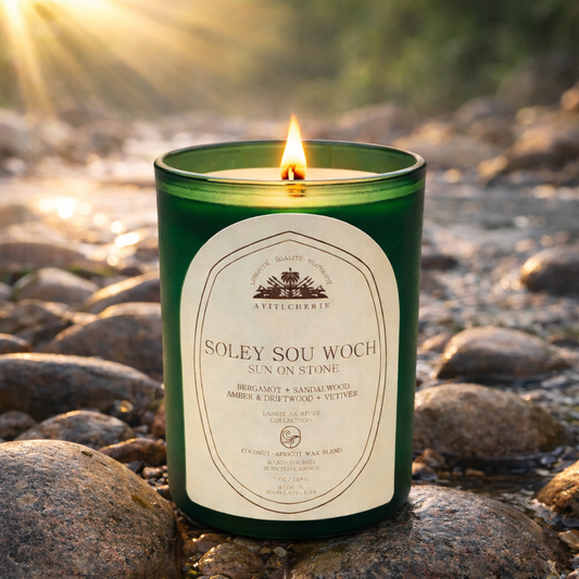 Soley Sou Woch_Sun On Stone_Bergamot _Sandalwood_Amber-Driftwood_Vetiver Candle by Ayiti Cherie