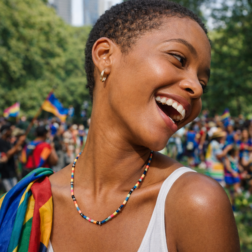 Handcrafted necklace- Painted wooden & carved metal beads for refined, modern elegance. Haitian-inspired, lifestyle brand