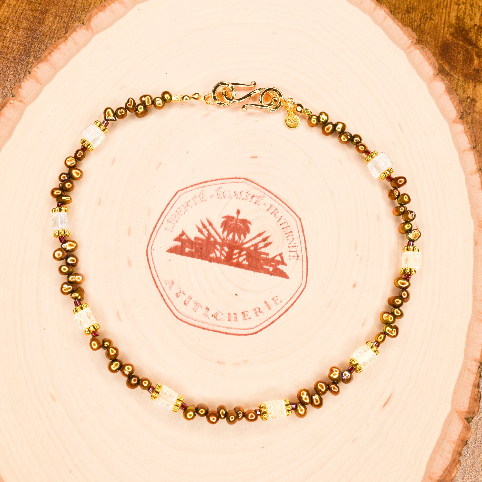 Handcrafted necklace- Crackled glass and freshwater pearl beads for refined, modern elegance. Haitian-inspired, lifestyle brand