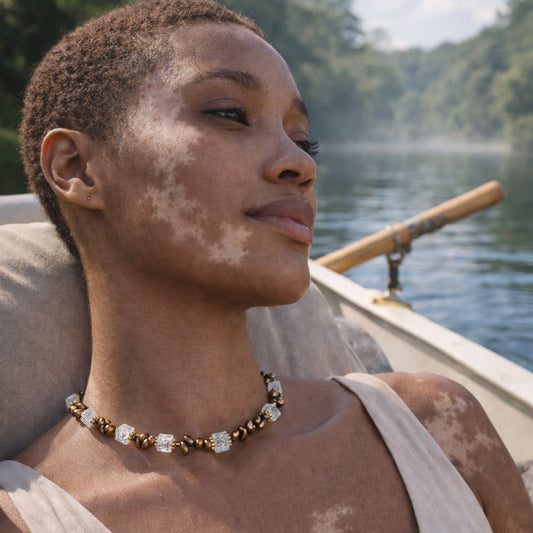 Handcrafted necklace- Crackled glass and freshwater pearl beads for refined, modern elegance. Haitian-inspired, lifestyle brand