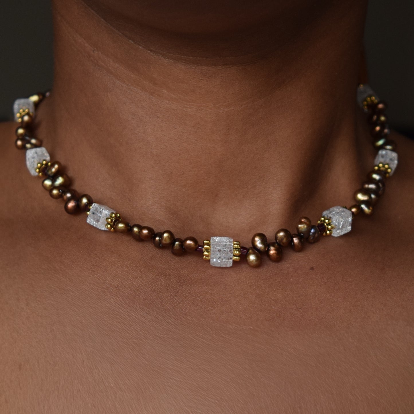 Handcrafted necklace- Crackled glass and freshwater pearl beads for refined, modern elegance. Haitian-inspired, lifestyle brand