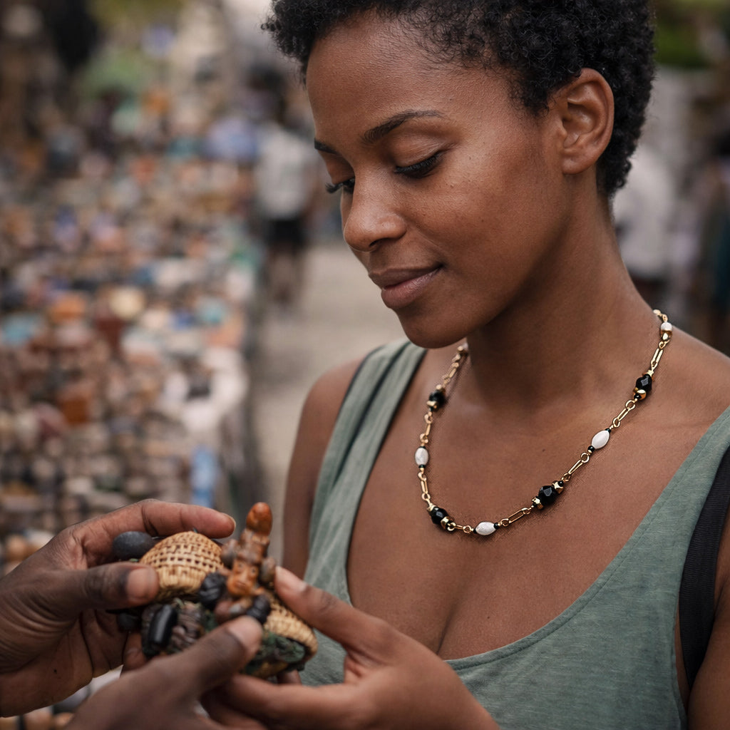 Handcrafted necklace- Mother-of-Pearl, hematite, & glass beads for refined, modern elegance. Haitian-inspired, lifestyle brand