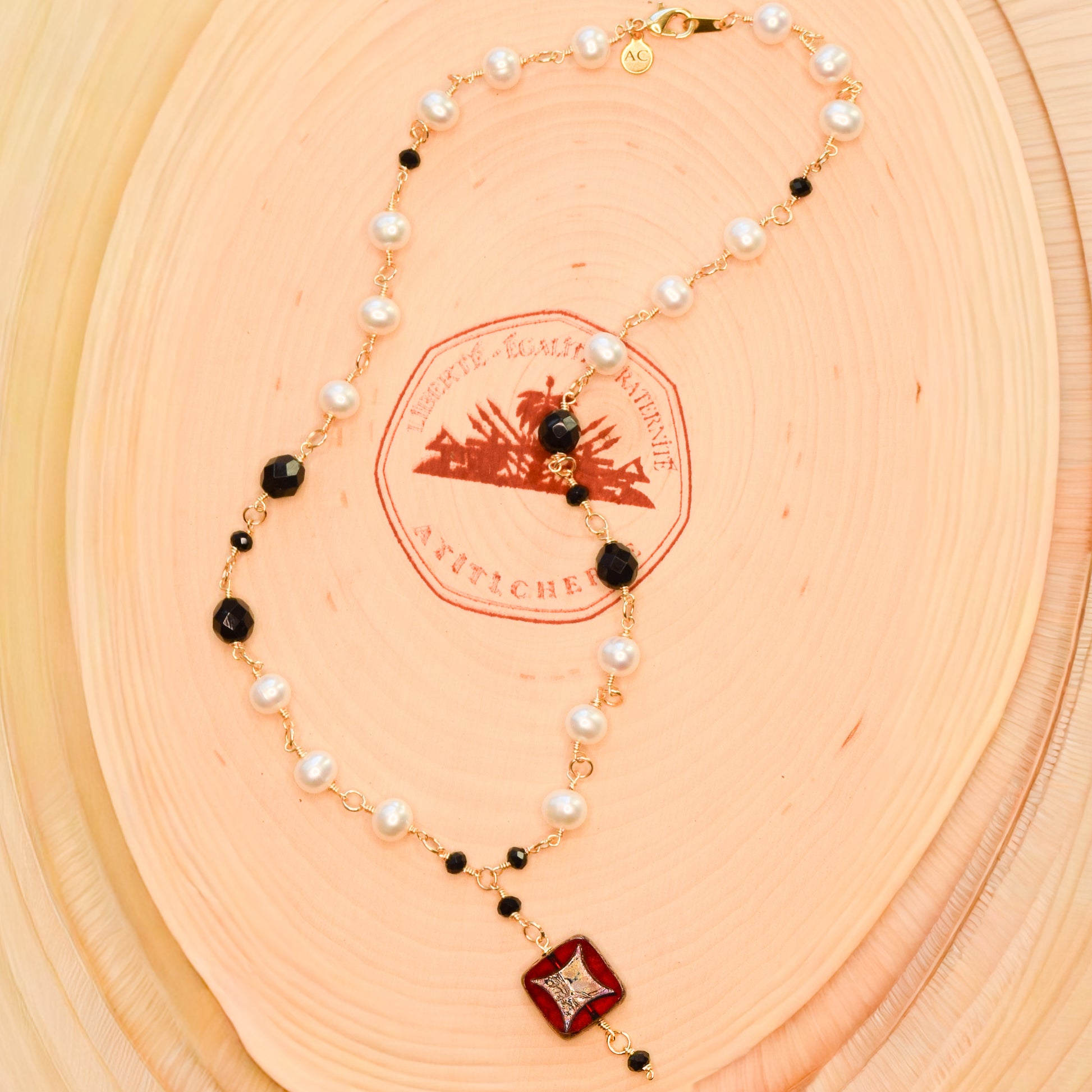 Handcrafted necklace with pearls and  Czech glass beads for elegant, refined style by Ayiti Chérie. Haitian-inspired, lifestyle brand