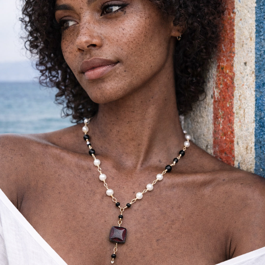 Handcrafted necklace with pearls and  Czech glass beads for elegant, refined style by Ayiti Chérie. Haitian-inspired, lifestyle brand