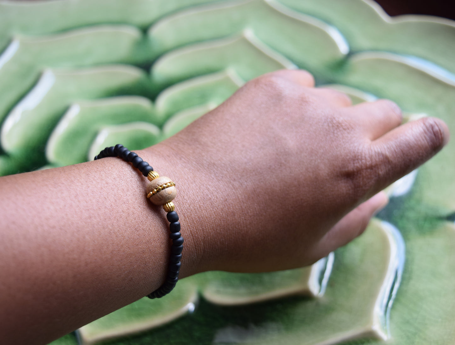 Gold Accent Wood & Black Bracelet