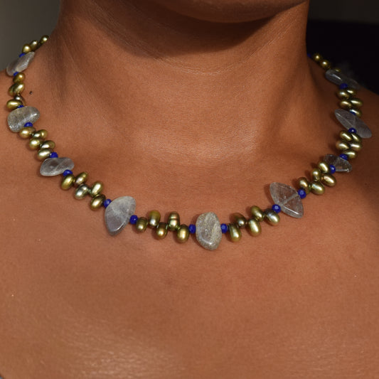 Handcrafted with flex wire, featuring labradorite, pearls, & glass beads for elegant, refined style by Ayiti Chérie. Haitian-inspired, lifestyle brand