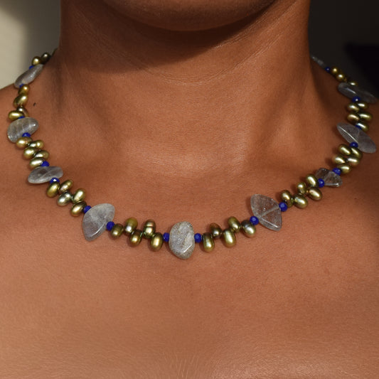 Handcrafted with flex wire, featuring labradorite, pearls, & glass beads for elegant, refined style by Ayiti Chérie. Haitian-inspired, lifestyle brand