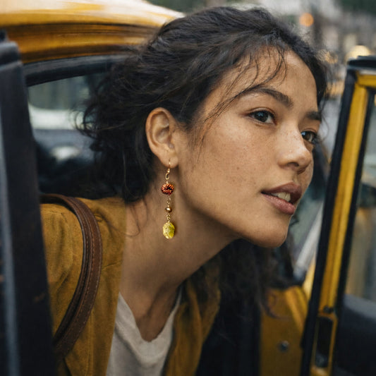 Handcrafted earrings with citrine, Rudraska, and pearl beads for elegant, refined style by Ayiti Chérie. Haitian-inspired, lifestyle brand