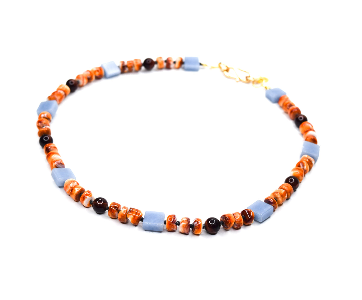 FOS SPINY OYSTER_ANGELITE_RED TIGERS EYE NECKLACE BY AYITI CHERIE
