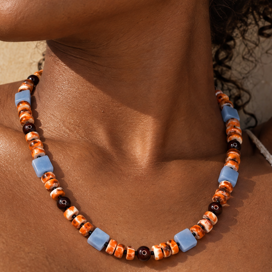 FOS SPINY OYSTER_ANGELITE_RED TIGERS EYE NECKLACE BY AYITI CHERIE