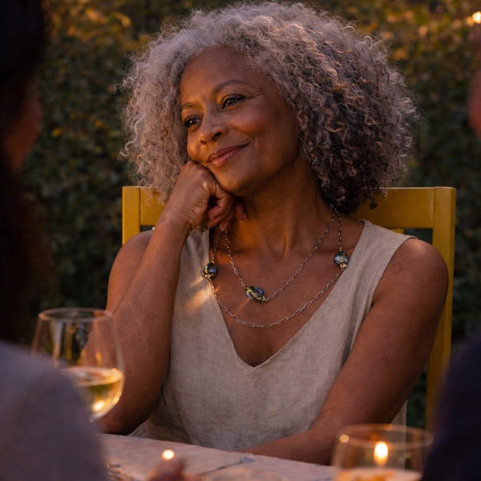 Handcrafted with silver paper-clip chain featuring twisted oval ceramic beads for elegant, refined style by Ayiti Chérie. Haitian-inspired, lifestyle brand