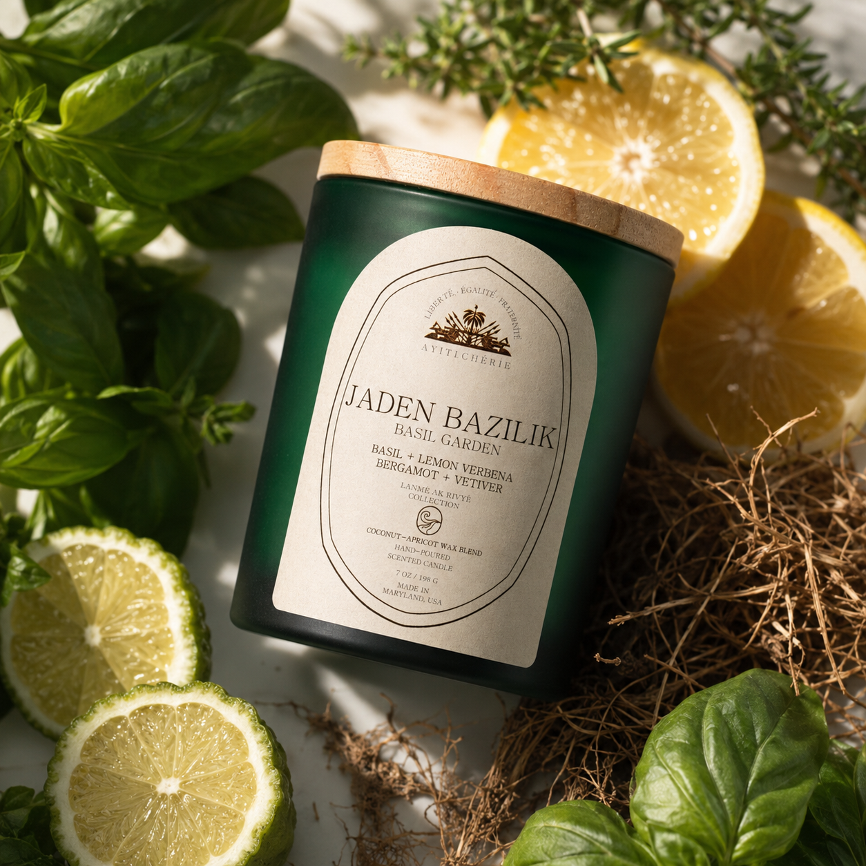 Jaden Bazilik candle with basil, lemon verbena, bergamot, and vetiver by Ayiti Cherie
