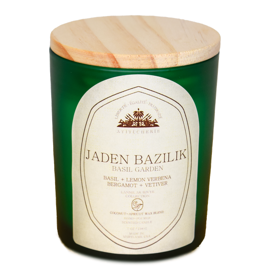 Jaden Bazilik candle with basil, lemon verbena, bergamot, and vetiver by Ayiti Cherie