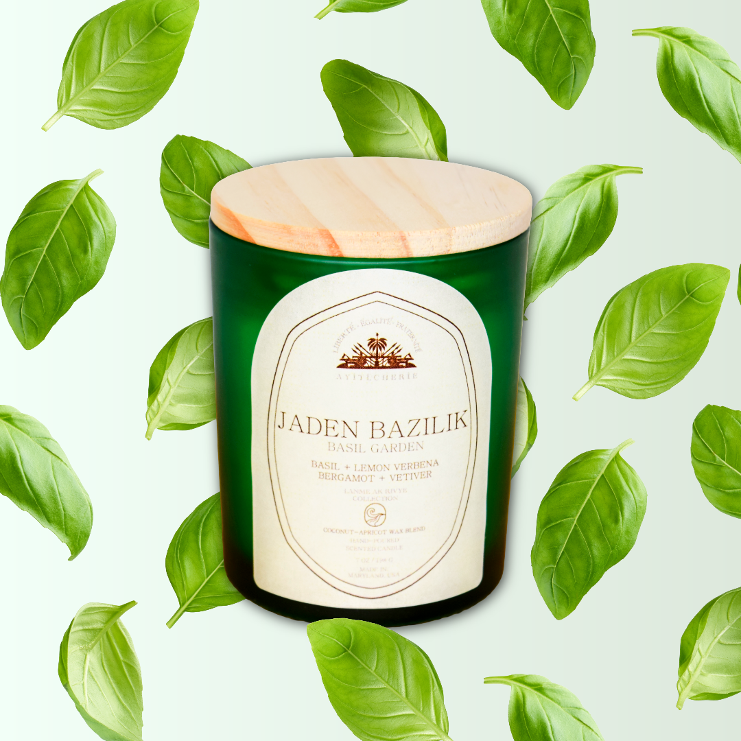 Jaden Bazilik candle with basil, lemon verbena, bergamot, and vetiver by Ayiti Cherie