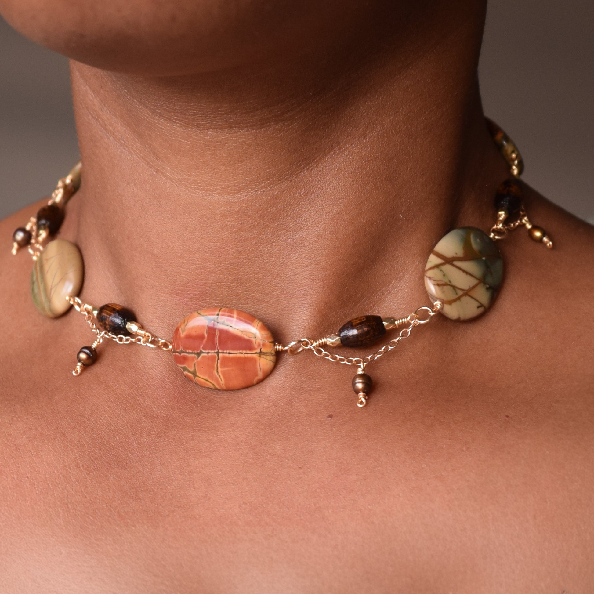 Handcrafted necklace- Wire-wrapped linked picture jasper, wooden barrel, and pearl beads for refined, modern elegance. Haitian-inspired, lifestyle brand
