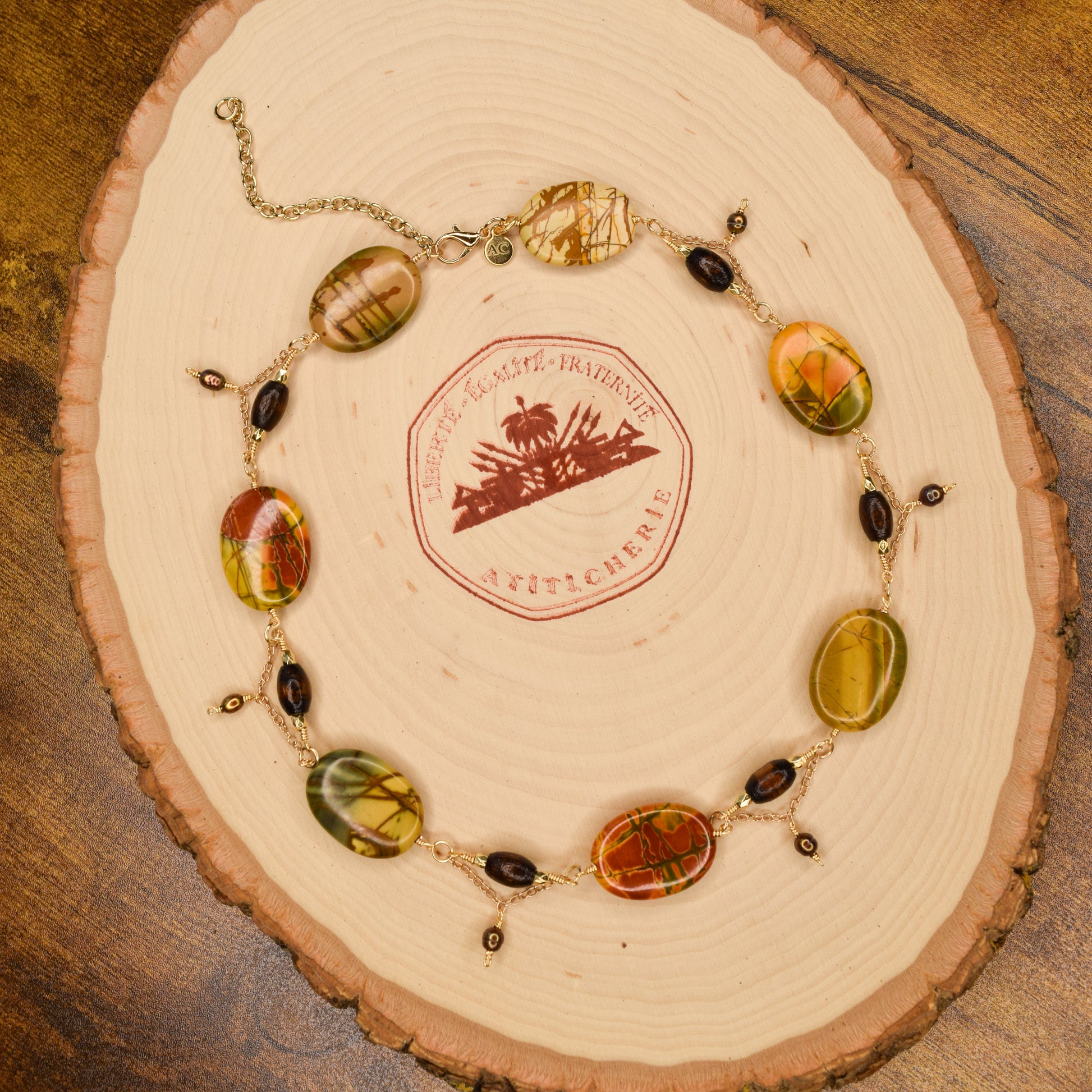 Handcrafted necklace- Wire-wrapped linked picture jasper, wooden barrel, and pearl beads for refined, modern elegance. Haitian-inspired, lifestyle brand