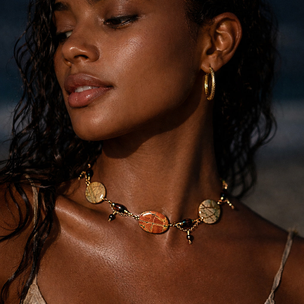 Handcrafted necklace- Wire-wrapped linked picture jasper, wooden barrel, and pearl beads for refined, modern elegance. Haitian-inspired, lifestyle brand