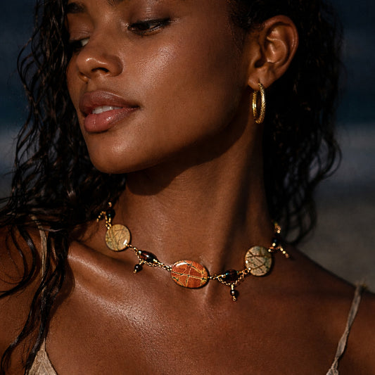 Handcrafted necklace- Wire-wrapped linked picture jasper, wooden barrel, and pearl beads for refined, modern elegance. Haitian-inspired, lifestyle brand
