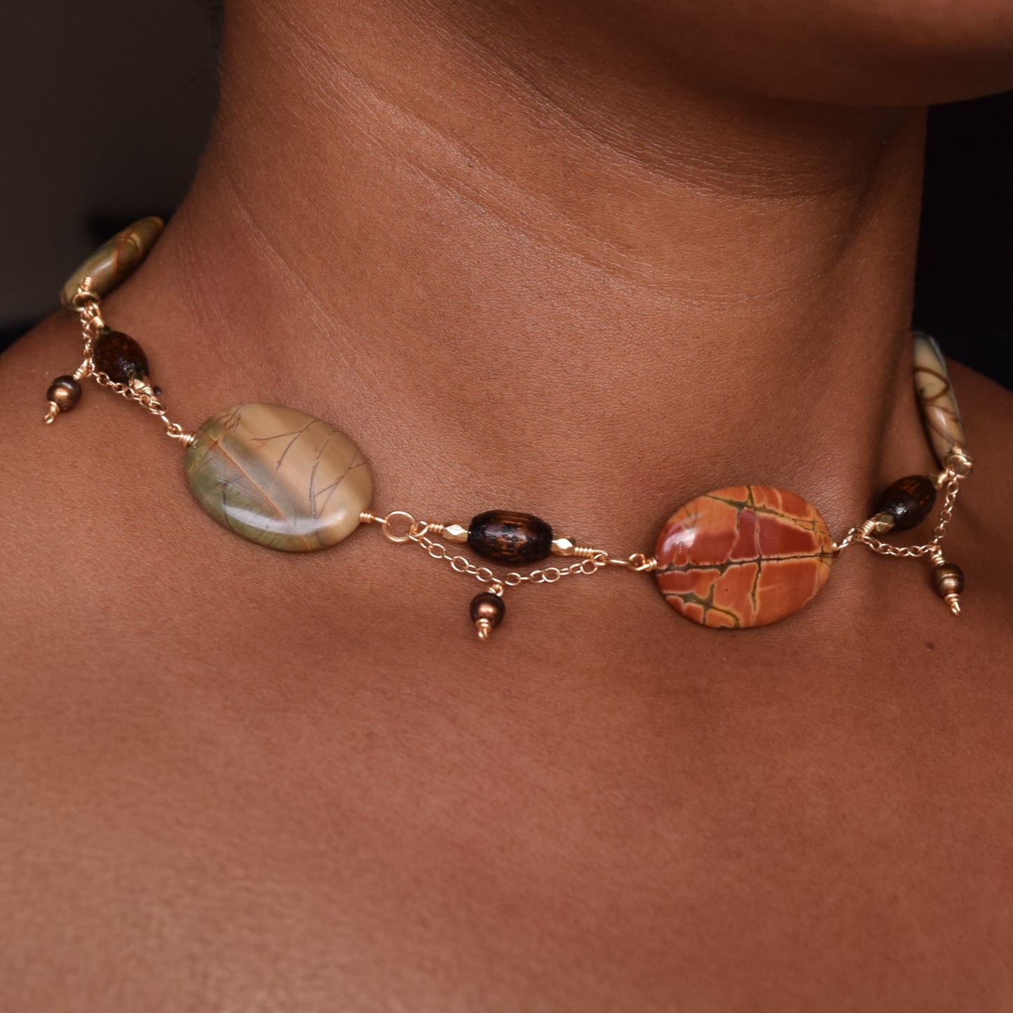 Handcrafted necklace- Wire-wrapped linked picture jasper, wooden barrel, and pearl beads for refined, modern elegance. Haitian-inspired, lifestyle brand