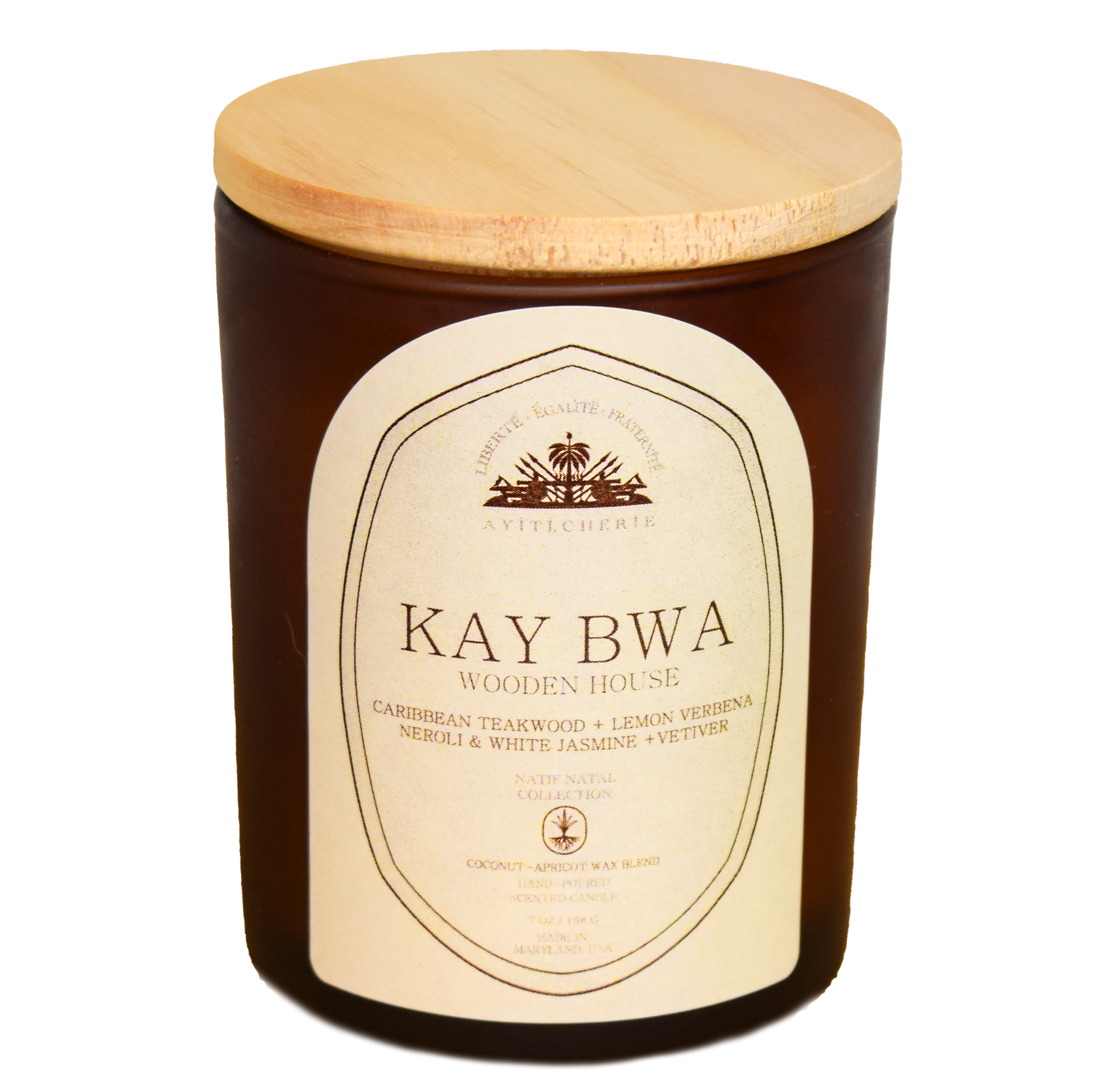 Kay Bwa Candle with Caribbean Teakwood, Neroli and Jasmine, Lemon Verbena, and Vetiver by Ayiti Cherie