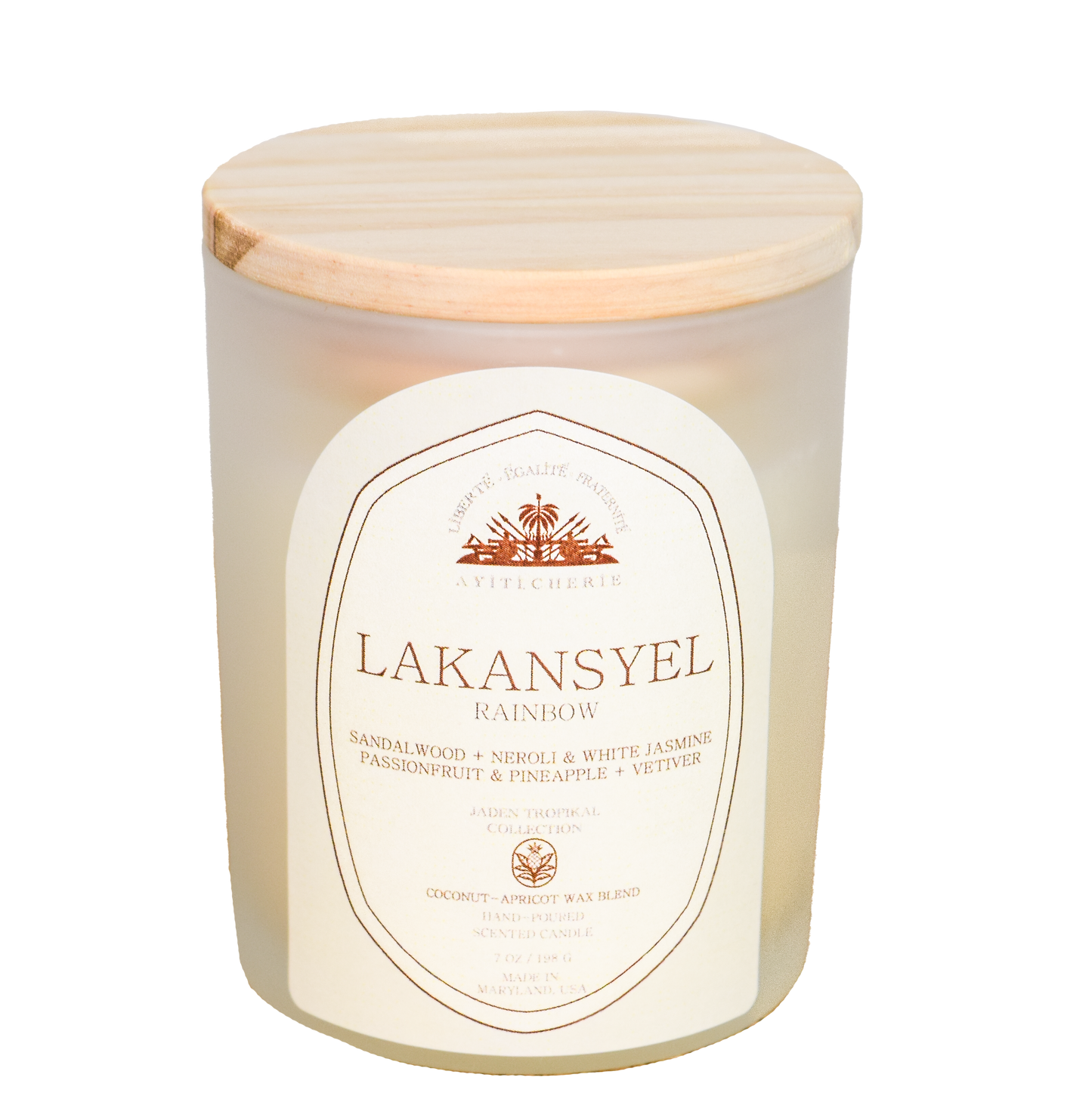 Rainbow candle with passionfruit and pineapple, neroli and white jasmine, sandalwood, and vetiver by Ayiti Cherie