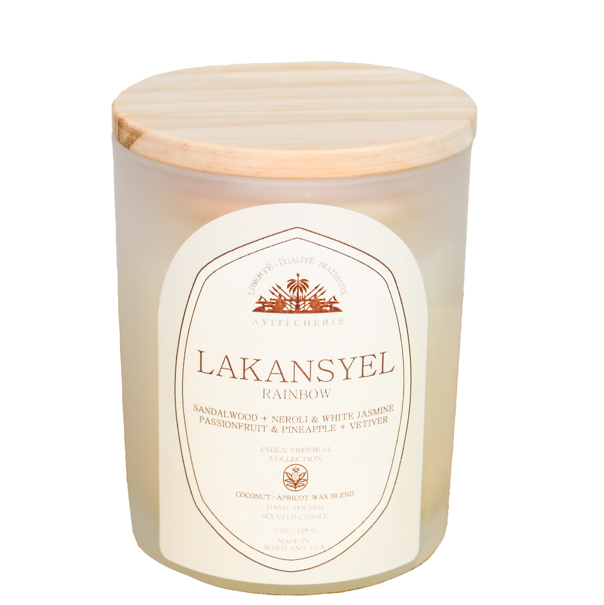 Rainbow candle with passionfruit and pineapple, neroli and white jasmine, sandalwood, and vetiver by Ayiti Cherie