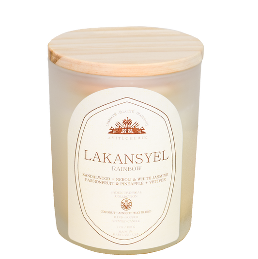 Rainbow candle with passionfruit and pineapple, neroli and white jasmine, sandalwood, and vetiver by Ayiti Cherie