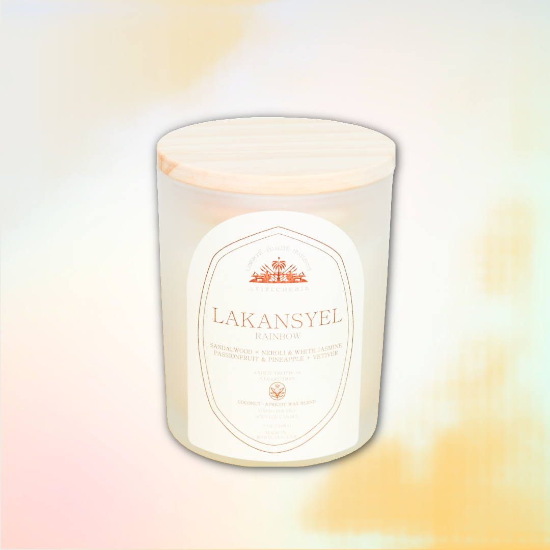 Rainbow candle with passionfruit and pineapple, neroli and white jasmine, sandalwood, and vetiver by Ayiti Cherie