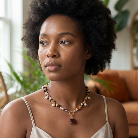 Handcrafted necklace- Mookaite, Pearl, & Glass beads for refined, modern elegance. Haitian-inspired, lifestyle brand