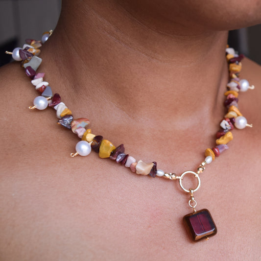 Handcrafted necklace- Mookaite, Pearl, & Glass beads for refined, modern elegance. Haitian-inspired, lifestyle brand