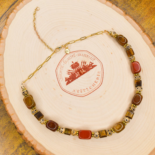 Handcrafted necklace- Tibetan, Jasper, and Tiger's Eye beads for refined, modern elegance. Haitian-inspired, lifestyle brand
