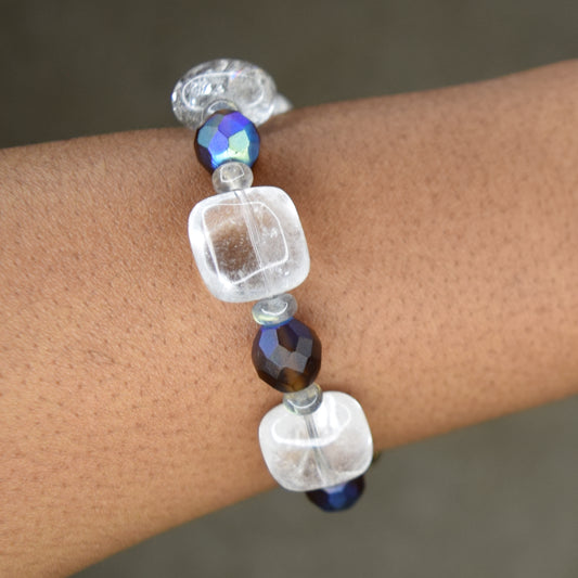 Handcrafted bracelet with rock quartz, labradorite, and moonstone beads for elegant, refined style by Ayiti Chérie. Haitian-inspired, lifestyle brand