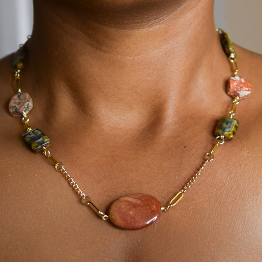 Handcrafted necklace with leopard jasper and Czech glass beads for elegant, refined style by Ayiti Chérie. Haitian-inspired, lifestyle brand