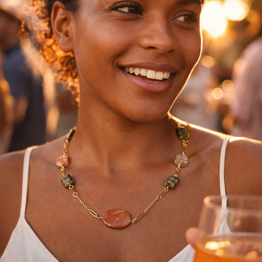 Handcrafted necklace with leopard jasper and Czech glass beads for elegant, refined style by Ayiti Chérie. Haitian-inspired, lifestyle brand