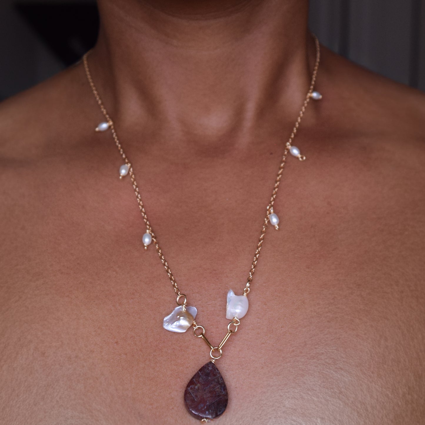 Handcrafted necklace- Pearl and Jasper beads for refined, modern elegance. Haitian-inspired, lifestyle brand