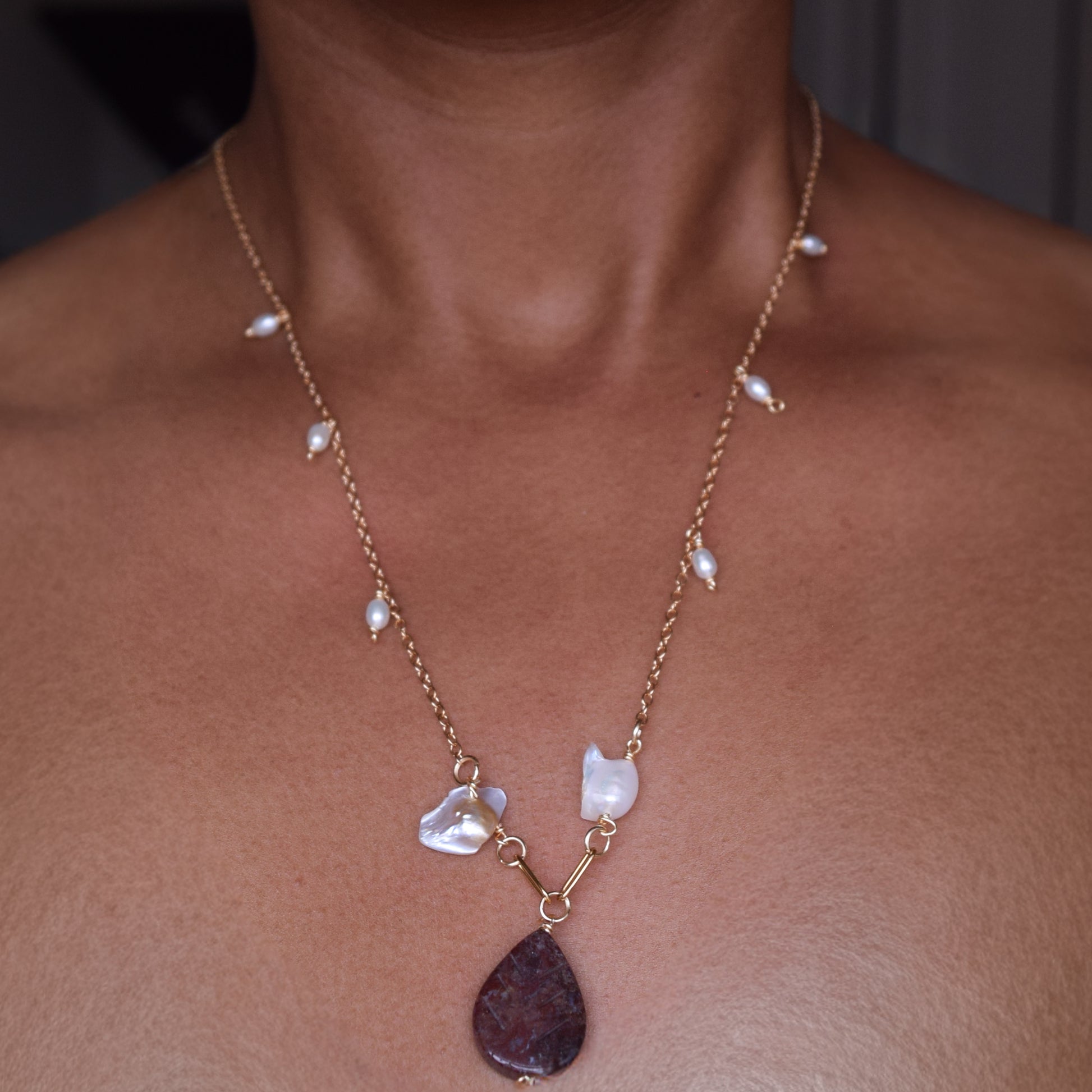 Handcrafted necklace- Pearl and Jasper beads for refined, modern elegance. Haitian-inspired, lifestyle brand