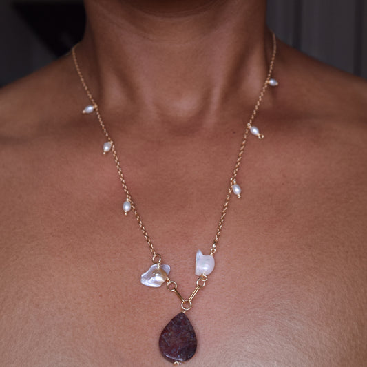 Handcrafted necklace- Pearl and Jasper beads for refined, modern elegance. Haitian-inspired, lifestyle brand