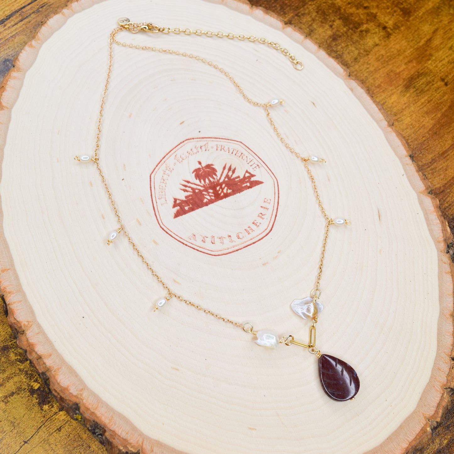 Handcrafted necklace- Pearl and Jasper beads for refined, modern elegance. Haitian-inspired, lifestyle brand