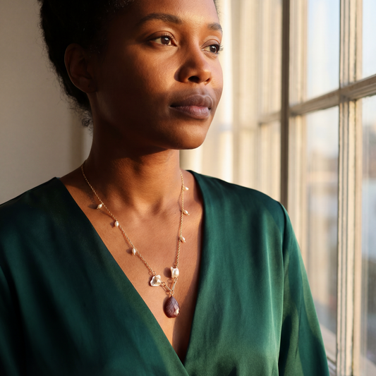 Handcrafted necklace- Pearl and Jasper beads for refined, modern elegance. Haitian-inspired, lifestyle brand