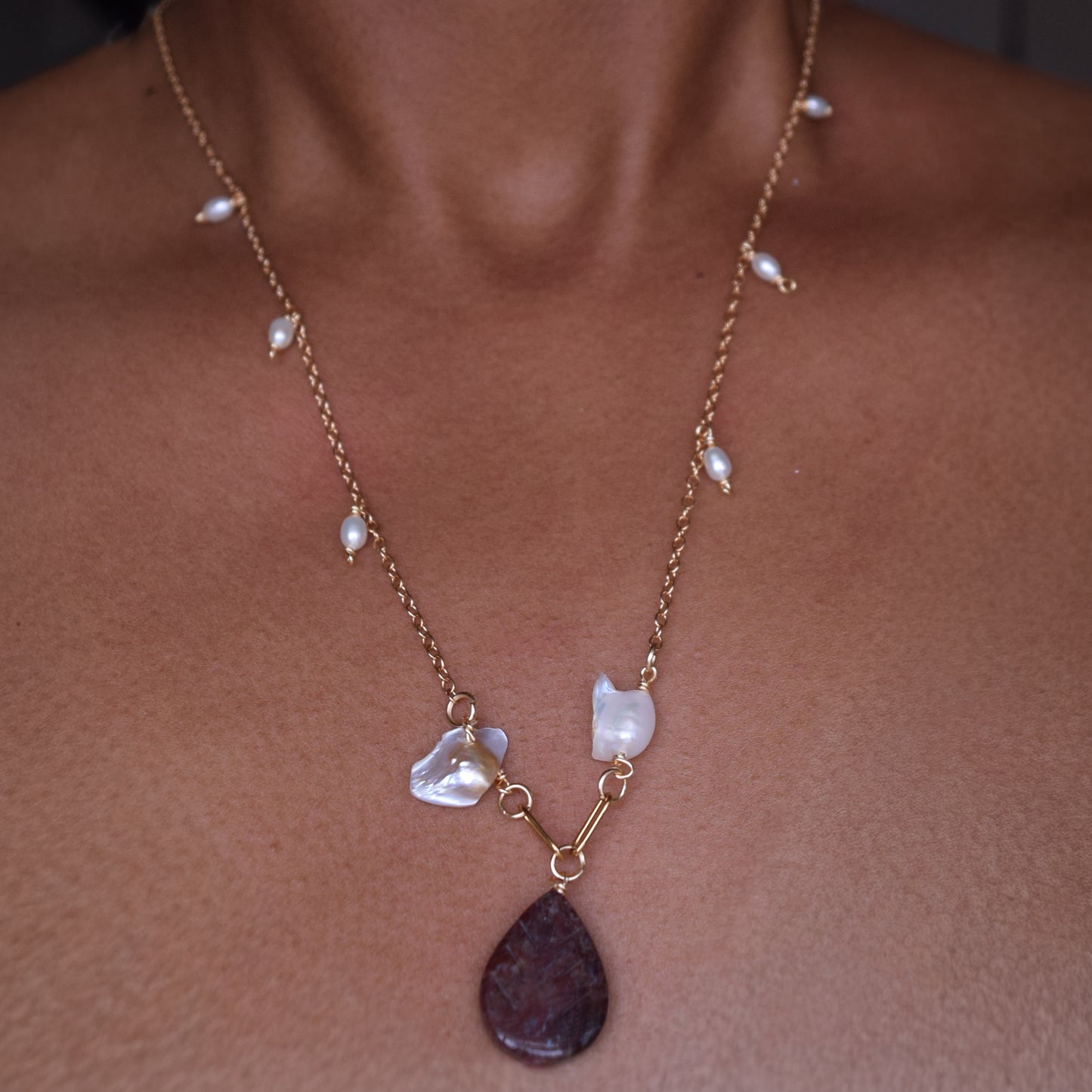 Handcrafted necklace- Pearl and Jasper beads for refined, modern elegance. Haitian-inspired, lifestyle brand