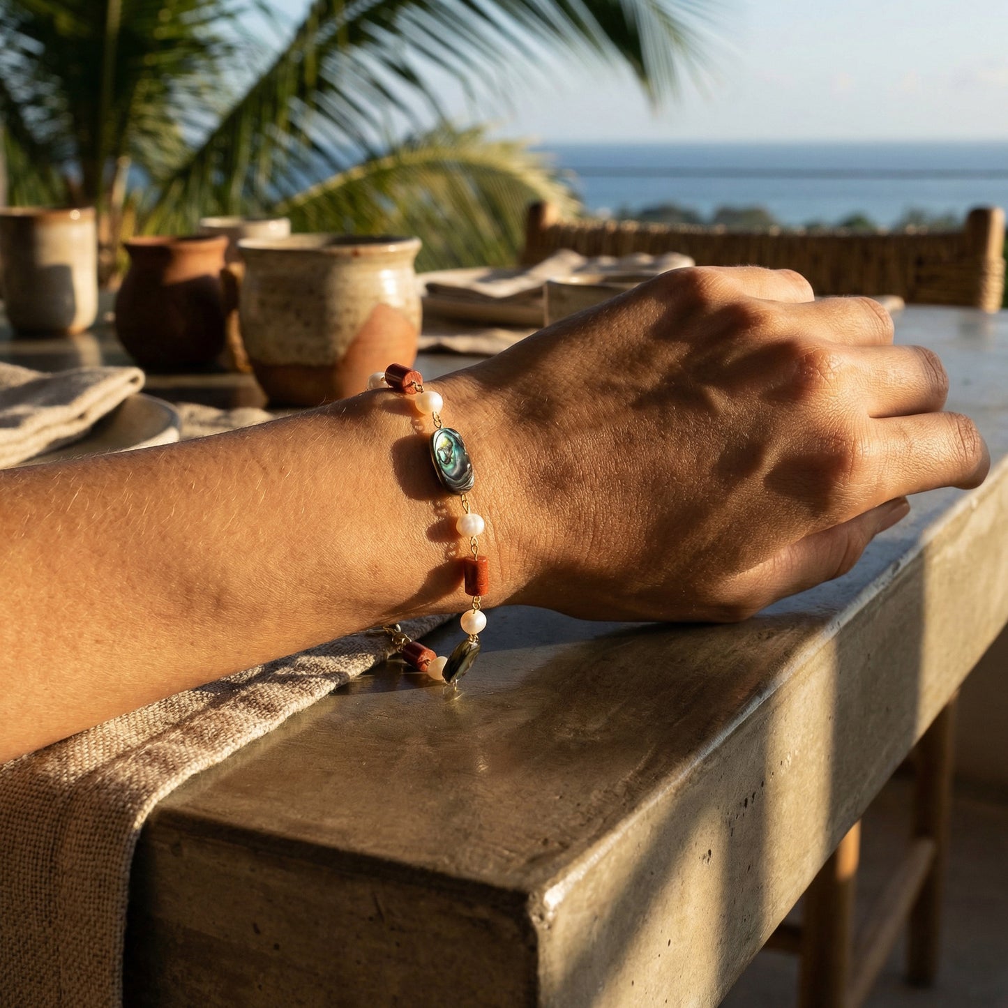 MODESTE_FRESHWATERPEARL_REDJASPER_ABALONEBRACLET-2 by Ayiti Cherie