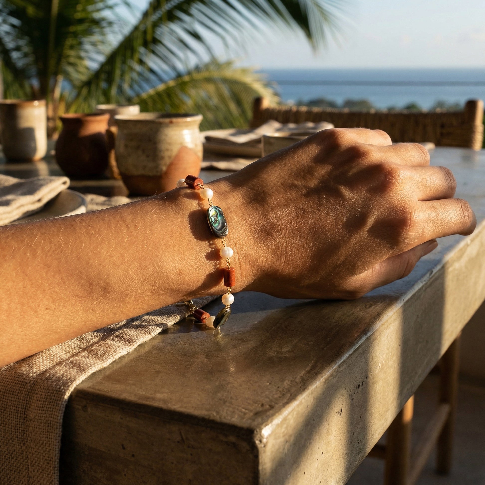 MODESTE_FRESHWATERPEARL_REDJASPER_ABALONEBRACLET-2 by Ayiti Cherie